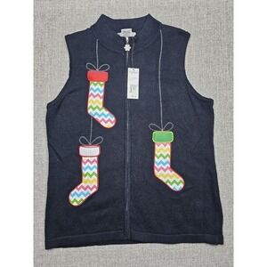 Nouveaux Sweater Vest Womens XL Black Christmas Stocking Zip Knit Ugly Holiday
